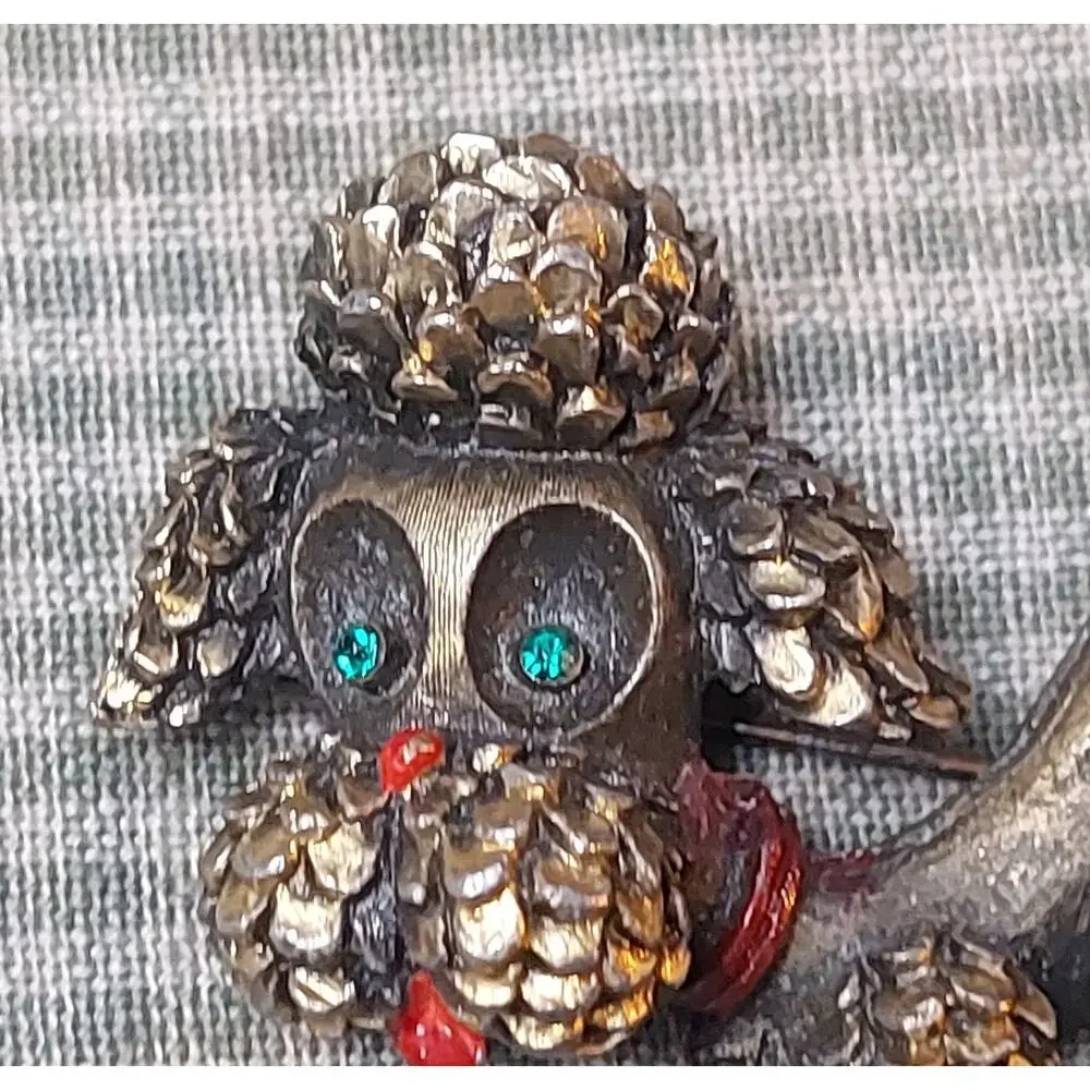 Vintage Brass Rhinestone Enamel Playful Poodle Brooch Signed JJ Jonette Jewelry